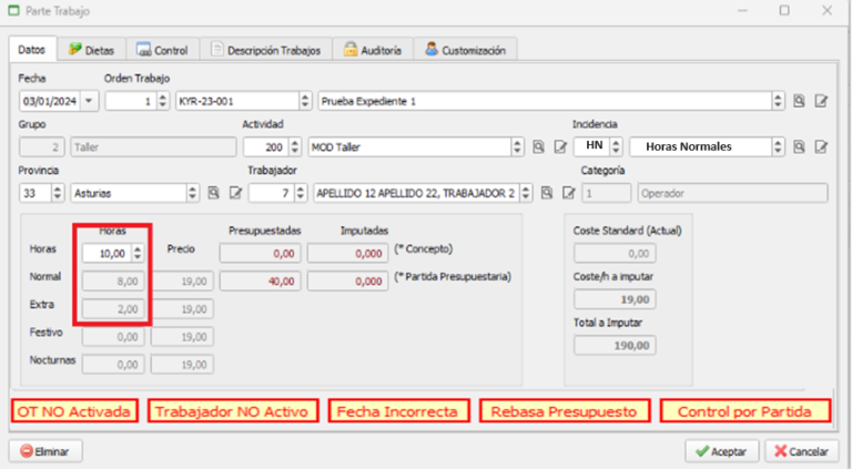 Parte de trabajo del ERP de ingeniería de Sispyme, imputado a su expediente