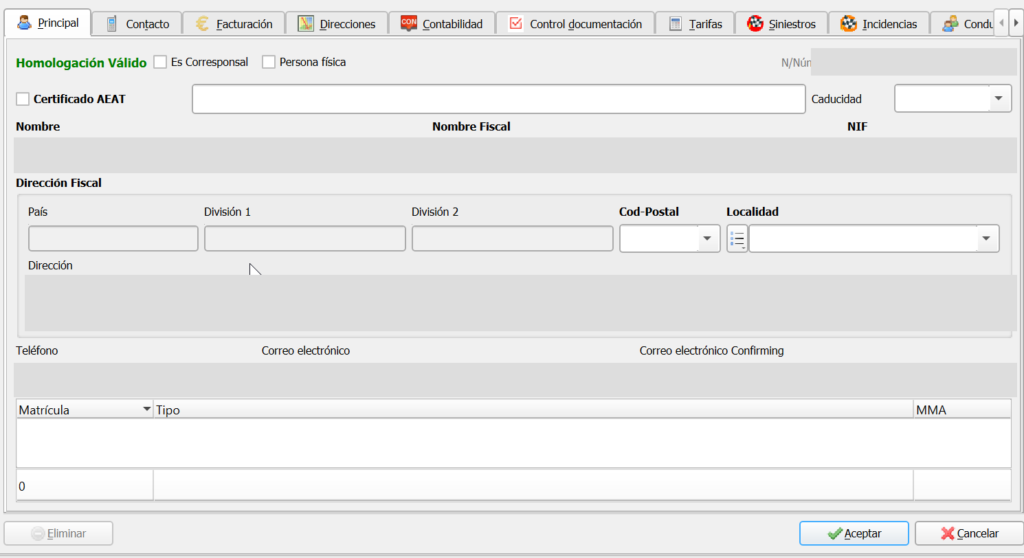 Ficha de entidad del ERP de transporte de Sispyme, con los datos del cliente y su documentación